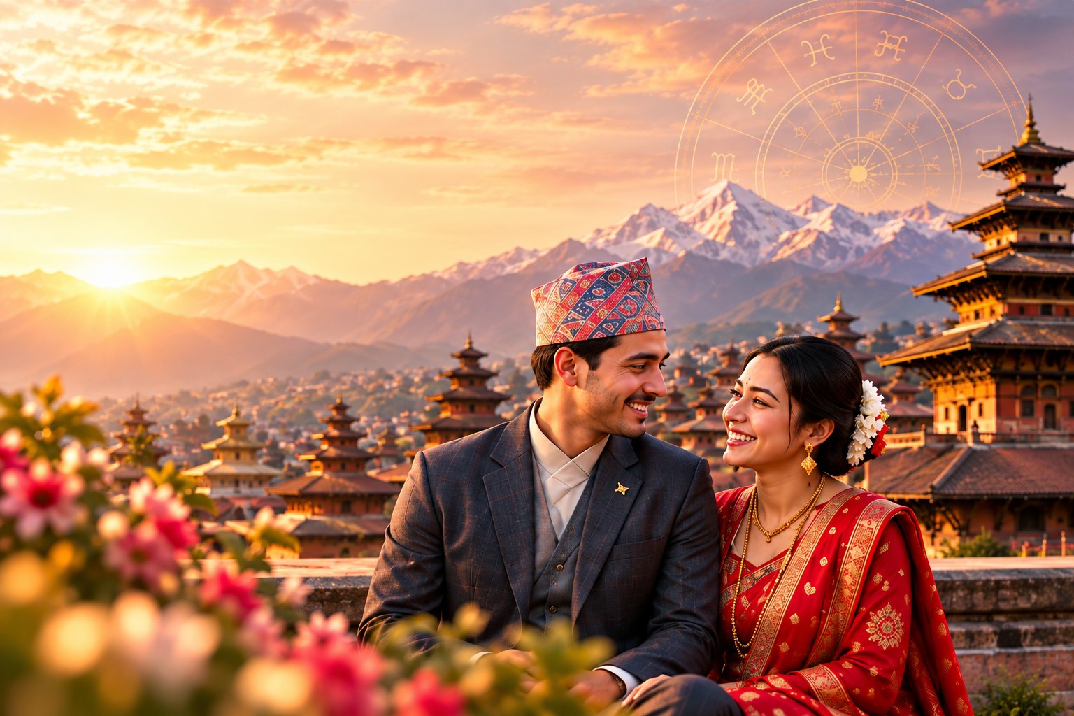 नेपाली पुरानो भवन र हिमालयको दृश्यमा आत्मीय जोडी